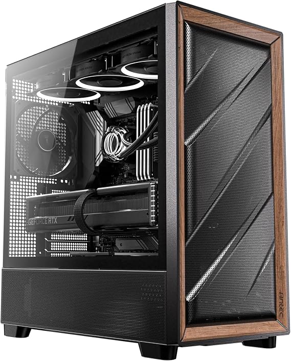 Antec FLUX, 5 x PWM Fanlar Dahil, Aynı Anda 9 Fana kadar, Tip-C, Demir Hasır Paneller ve Ahşap Çerçeve, 420mm Radyatör Desteği, Geri Bağlantı Anakart Desteği, Mid-Tower E-ATX PC Kasası