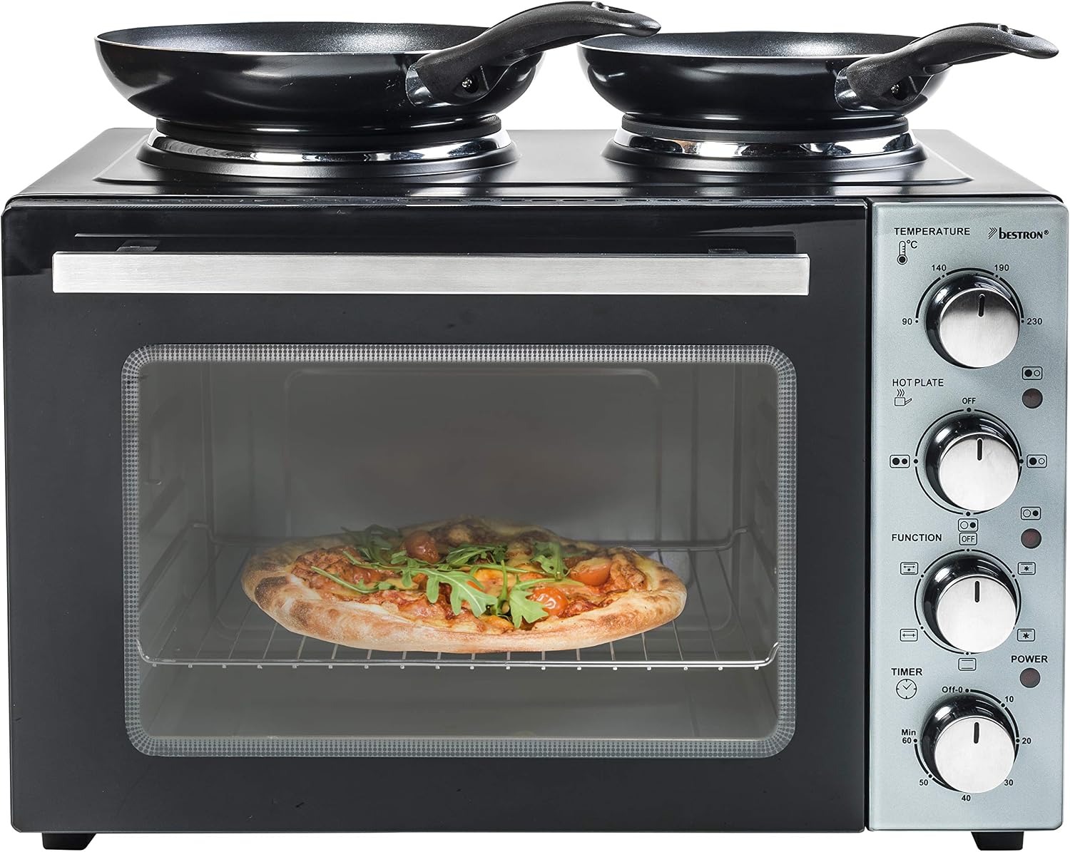 bestron aov31cp mini oven with double hob top  bottom heat with recirculation function up to 230 ° c 3200 watt black