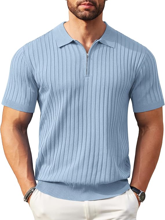 COOFANDY Men's Polos Short Sleeve Zip Knitted Polo Shirts Stretch Golf Vertical Striped Polo T-Shirt