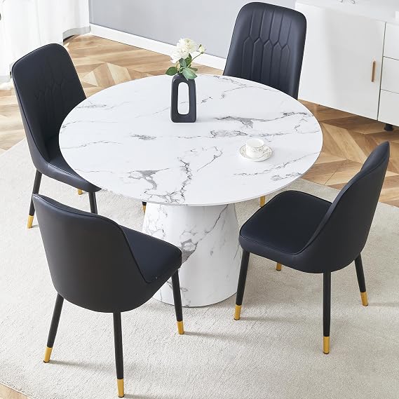 JUFU Round Dining Table Set for 4, 45" Modern Faux Marble Kitchen Table and Upholstered Chairs, 5 Piece Small Circle Dinette Set Ideal for Dining Room, Kitchen