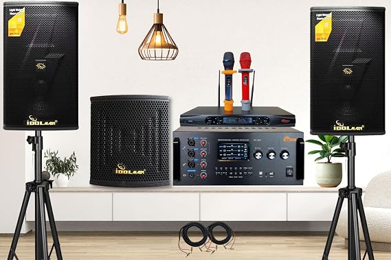 Home Complete Karaoke System - IDOLmain 5000W Mixing Amplifier W Touch Screen | Bluetooth|Optical, High Performance 4000W Loudspeakers, Dual Wireless Microphones & 12" 1200W Powered Subwoofer