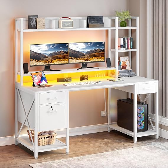 DWVO 59.1" Computer Desk with Hutch, Drawers, Power Outlets & LED, White