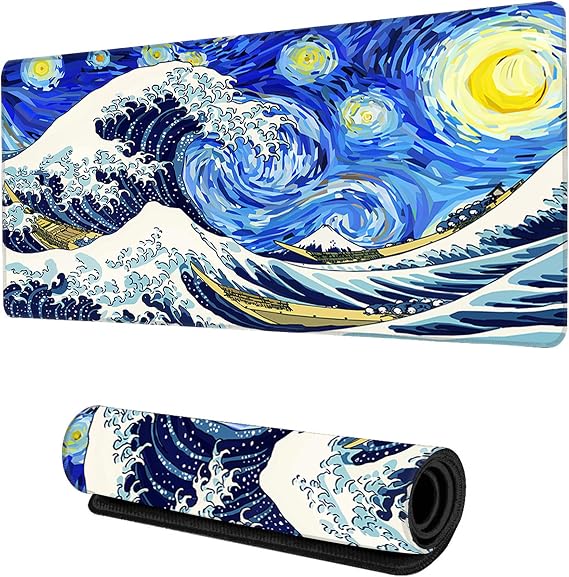 Desk Mat,Great Wave Starry Night Gaming Mouse Pad,XXL Extended Mouse Pad Mat for Office,Computer,Keyboard with Non-Slip Base Stitched Eges Mousepad 35''×15.7''×0.12''