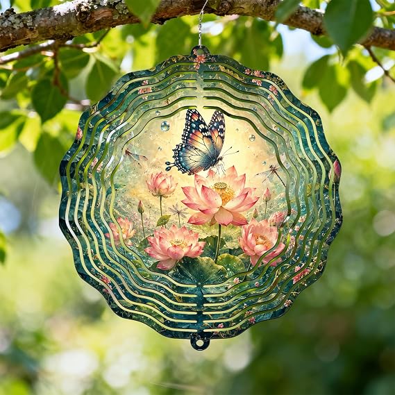 Butterfly Wind Spinner, Spring Nature Water Lily Flowers Spring Peach Metal 3D Outdoor Wind Sculptures Ornaments Gifts for Garden Lawn Hallways Yard Party Decor 12 Inch
