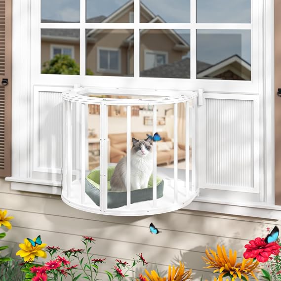 Yardenaler Cat Window Box, Semicircular Adjustable Window Catio, Wooden Cat Window Perch Fits Vertical Window Frames 26" to 42" Wide, Sunbathing, Napping & Overlooking, White