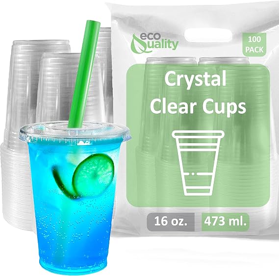 Clear Plastic Disposable Cups with Lids and Smoothie Straws 100 count - 16 oz (ounces) Clear PET Cup for Smoothies, Protein Shakes, Bubble Tea, Iced Coffee, Boba, Fresh Juice, Meal Prep, Party Cup