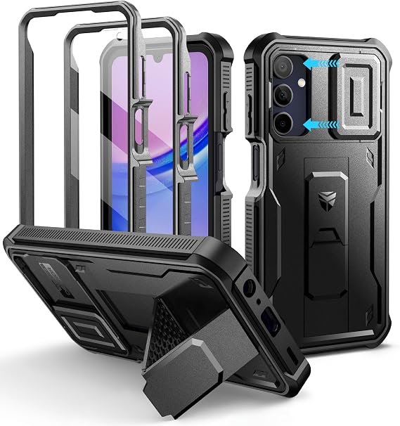 Dexnor for Samsung Galaxy A15-5G Phone Case, [2 Front Frame] [Bulit-in Slide Camera Cover & Kickstand] Heavy Duty Military Grade Protection Shockproof Case with Screen Protector, 6.5 inch Black