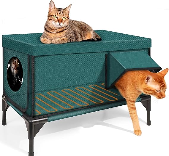高架ベース加熱キャットハウス、2つの出口付き断熱屋外猫シェルター、安全な避難ドアと磁気ロック付き冬屋外用キャットハウス、耐候性、野良納屋猫用 malachite green L