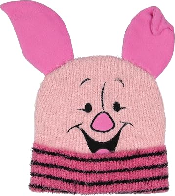 Disney Winnie The Pooh Beanie Piglet Embroidered Face and 3D Felt Ears Adult Fuzzy Yarn Cuffed Beanie Hat