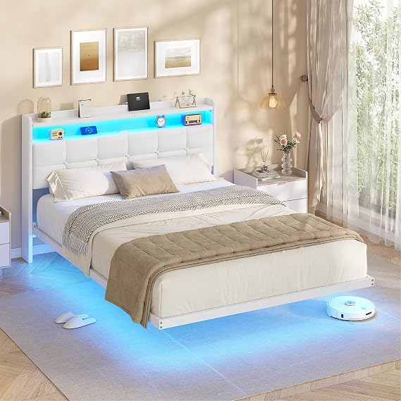AOGLLATI 4ft6 Floating Double Bed Frame 135×190CM with LED Lights & Charging Station, Metal Platform Bed frame with Upholstered Headboard, Easy Assembly,Noise Free,No Box Spring Needed,Off-white PU