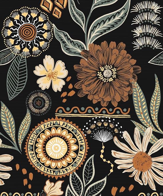 Naphite Boho Peel and Stick Wallpaper Vintage Floral 197inL17.3inW | Dark Botanical Sun Flower,Boho Retro Contact Paper for Cabinets,Self Adhesive Removable Wallpaper,Bathroom Bedroom Renter