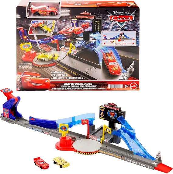 Mattel Disney and Pixar Cars Piston Cup Stunting Speedway Set | Includes Track Set, Tongue-Out Lightning McQueen Toy Vehicle & Crushed Car