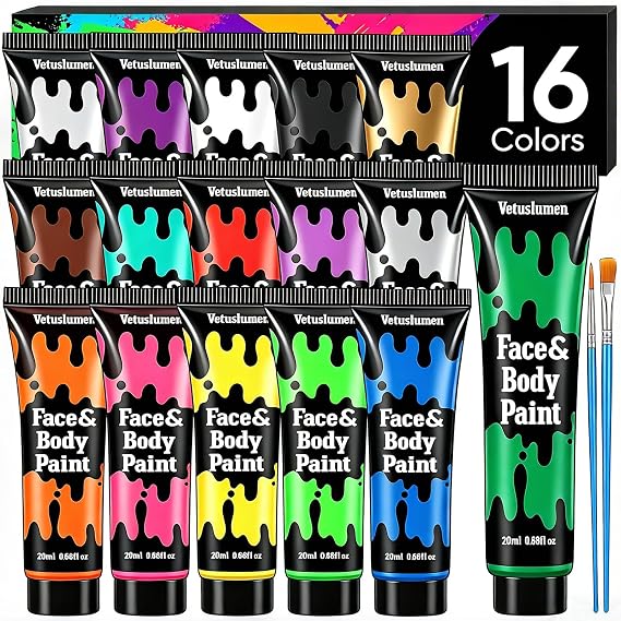 16 Colors Face Body Paint, Water Based Painting Set For Adults (20ml Each) | Washable Cream Makeup with 2 Brushes, Non-Toxic Kids Facepaint for Stage Cosplay Sports Halloween Festivals Party Supplies