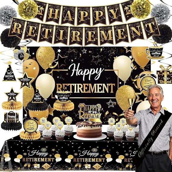 Retirement Party Decorations Includes Banner, Backdrop, Cake Topper, Hanging Swirls, Tablecloth, Honeycomb Centerpiece for Happy Retirement Decorations