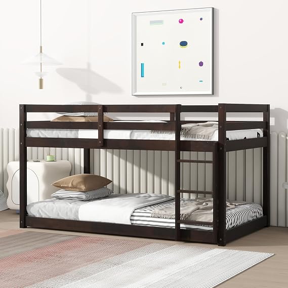 Harper & Bright Designs Low Bunk Beds Twin Over Twin Wood Twin Bunk Bed Frame with Safety Rail Ladder for Kids Bedroom Twin Floor Bunk Bed for Boys Girls Teens, Espresso