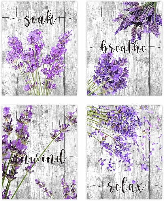 Purple Bathroom Wall Art Lavender Art Flower Wall Prints Purple Bathroom Decor Canvas Wall Art Set of 4 Unframed Relax Soak Unwind Breathe Poster for Washroom Decor