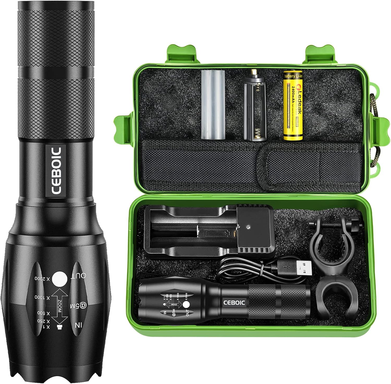 Ceboic Led Torch Rechargeable, 2000 Lumens Super Bright CREE Tactical Flashlight, Zoomable Waterproof Handheld Powerful Torches with 5 Modes for Camping Hiking Outdoor, Battery Included [Energy Class A]