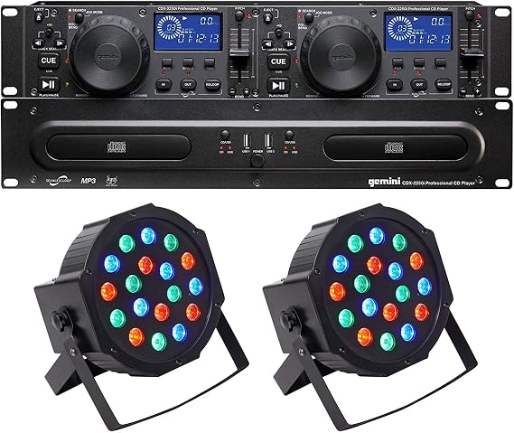 Gemini CDX-2250i Pro DJ Dual Two Deck Rack Mount CD/MP3 Media Player w/USB Bundle with Rockville RockPAR50 LED RGB Compact Par Can DJ/Club DMX Wash LightwithDual Bracket
