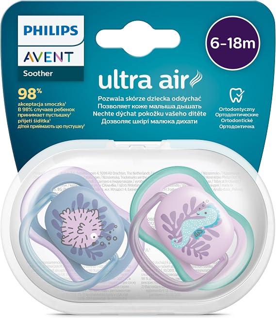 Philips Avent Ultra Air Emzik, Kız Bebekler için 6-18 Ay, 2’li Paket, Ortodontik Silikon, Geniş Hava Delikli, Mikrodalga Sterilize Edilebilir, BPA İçermez, Taşıma Kutulu, SCF085/61