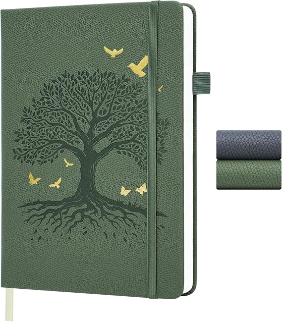 A5 Journal Notebook, 200 Pages A5 Notebook, Tree of Life Tree Embossed Hardcover Leather Lined Note Book, Journals for Women Men, Notepad for Diary, Office, School, Travel, 14.5 x 21cm (Green)