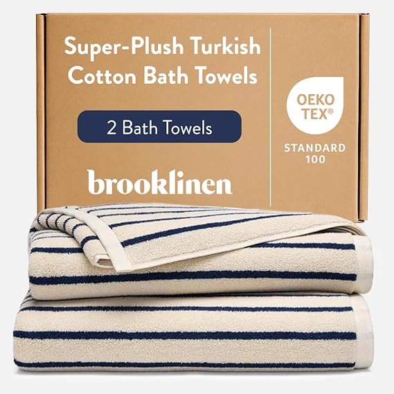 Brooklinen Super-Plush 100% Turkish Cotton Bath Towels - Set of 2-770 GSM, Highly Absorbent, Machine Washable, Perfect Bath Towel Set for Home & Bathroom (30" x 58",Striped Abyss)