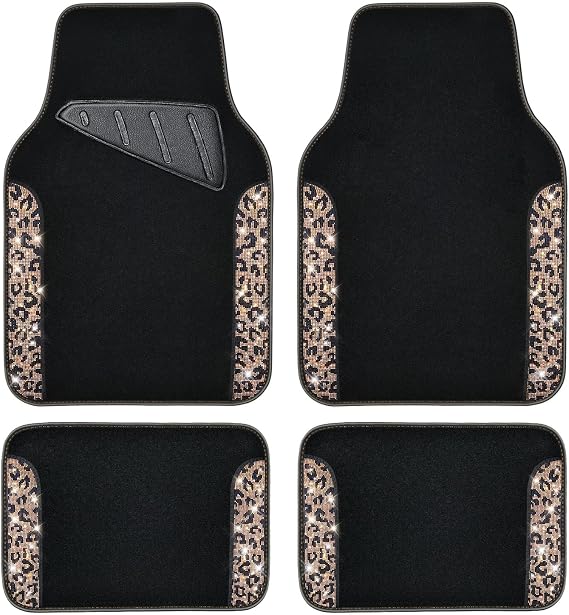 CAR PASS Bling Diamond Car Floor Mats, Shining Rhinestone Carpet Sparkly Glitter Crystal with Anti-Slip PVC Heel Pad Waterproof Universal Fit Automotive SUV,Sedan,Van,Cute Girl Women,4pcs Gold Leopard