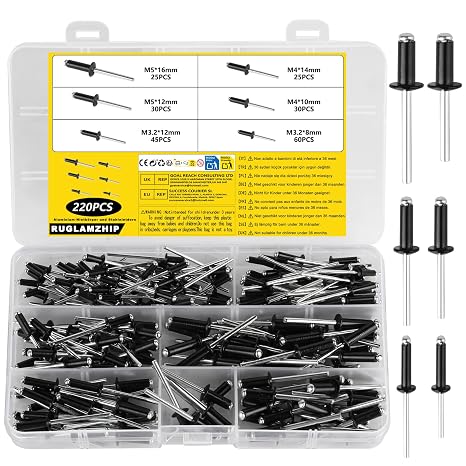 220 Pcs Black Pop Rivets Assortment Kit, Large Flange Rivets, Aluminum Blind Rivetss, 3.2mm 4mm 5mm Pop Blind Rivetss, for Metal, Furniture, Car, Rails and DIY
