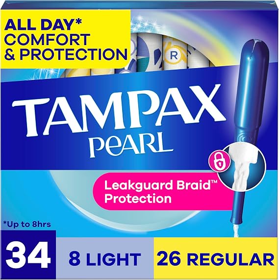 Tampax Pearl Tampons for Women Multipack, with LeakGuard Braid, Light/Regular Absorbency, Unscented, 204 Count (6 Packs of 34)
