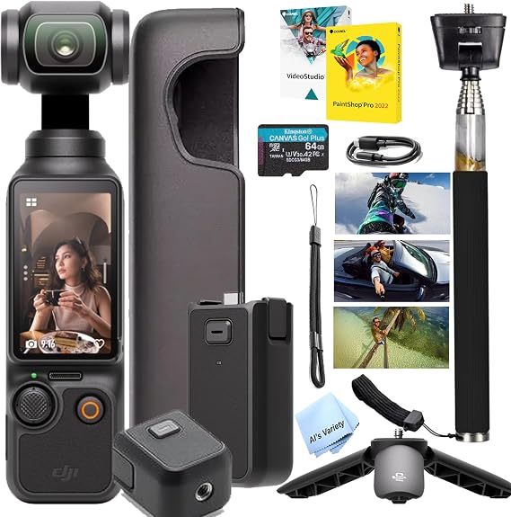 DJI Osmo Pocket 3 Capture More, 4K/120fps Vlog Camera, 3-Axis Stabilization, Face/Object Tracking, Active Track 6.0, Stereo Recording + 64gb Memory, Selfie Stick, Software (Value Bundle)