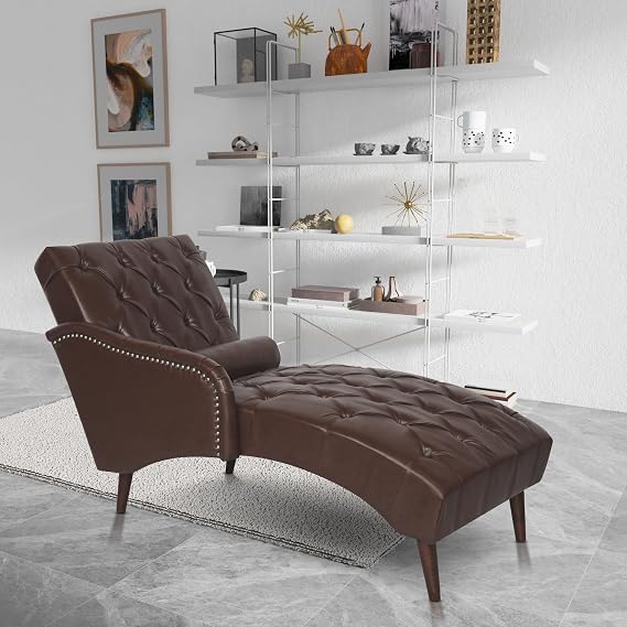 Chaise Lounge Arm Chair Indoor with Pillow and Solid Wood Legs, Leisure Accent Soft Chair with Tufted Back and Arm,Upholstered Chaise Couch for Living Room, Bedroom,Dark Brown PU
