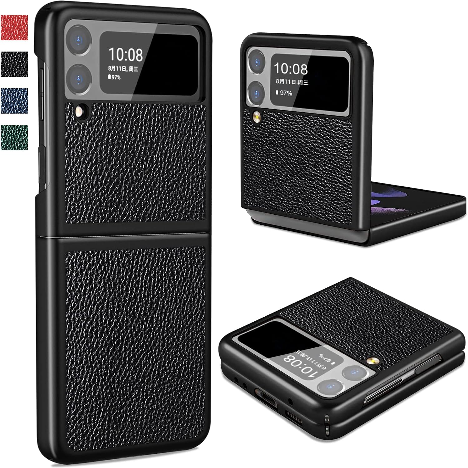 Compatible with Samsung Galaxy Z Flip 3 Case Leather Heavy Duty Protective Phone Case for Galaxy Z Flip 3 Protective Cover Case Ultra Thin Hard PC Shockproof Case for Samsung Z Flip 3 5G Cases Black