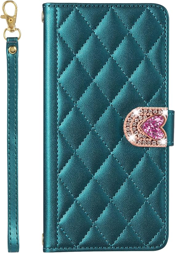 Rhombus Leather Wallet for Oppo Realme Neo 7X 5G Bling Glitter Flip Protective Folio Cover Green Holster Sparkle Case With Kickstand 3D Diamond Heart Buckle Wallet Pocket Case for Realme Neo 7X 5G