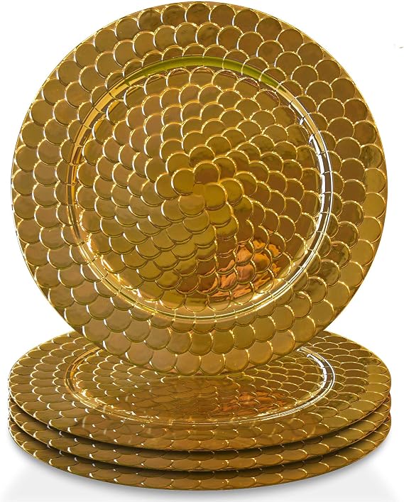 ChargeIt by Jay Snake Charger Plate 13 Decorative Melamine Service Plate for Home, Professional Dining, Perfect for Upscale Events, Dinner Parties, Weddings, Banquets, Catering, Set of 4, Gold