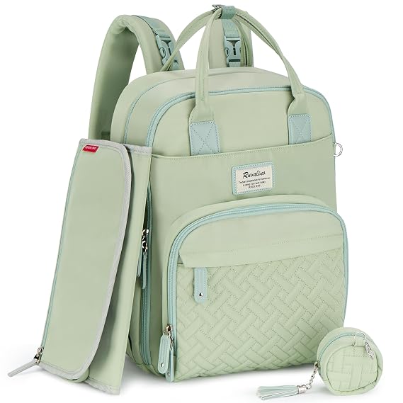 RUVALINO Diaper Bag Backpack, Multifunction Travel Pack Maternity Baby Changing Bags, Large Capacity, Waterproof, Light Green | Baby Shower Gifts, Travel Backpack for Mom Dad Girl Boy, Insulated Bottle Holders, Pacifier Case, Waterproof, Large Capacity