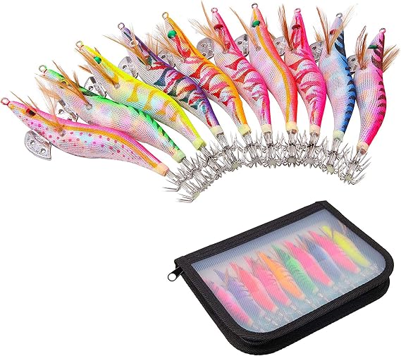 10pcs Squid Jigs Saltwater Fishing Lures Glow Squid Jigs Luminous Shrimp Prawn Artificial Baits 3D Fluorescent Squid Jig Hooks Tackle for Cuttlefish Octopus Fishing Size 2.5 3 3.5