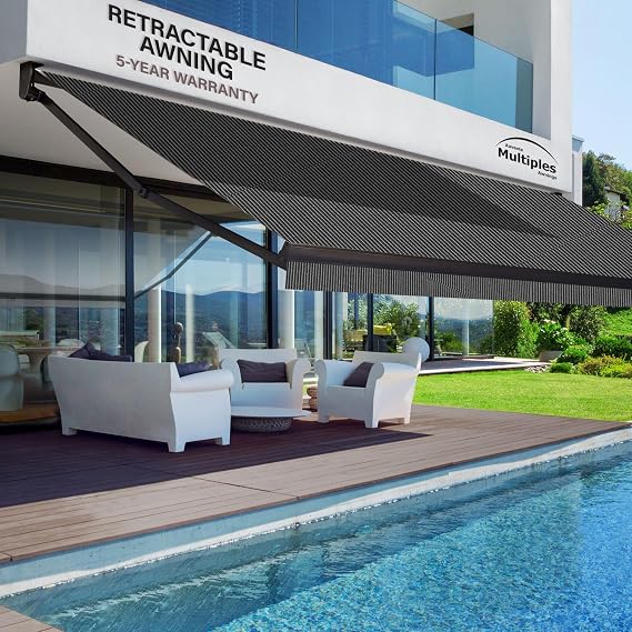 Motorized Awning Outdoor Retractable with Black Structure,15 Electrical Cord, Remote Control & Wind Sensor, UV Protected Awning for Home & Patio (10W x 8L FT) - Tweed Black