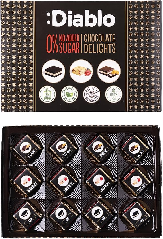 Diablo No Added Sugar Chocolate Delights - Luxury Chocolates Gift Box for All, Gluten Free Sweet Treats with Noir, Hazelnut & Forrest Fruit Selection, Ideal for Gifting, 12 Pcs (Pack of 1)