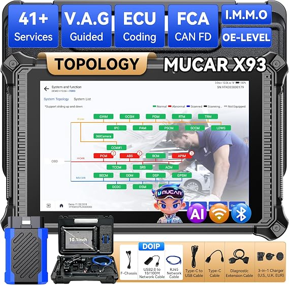 MUCAR X93 Topology Mapping OBD2 Scanner, OE-Level 4000+ Active, 41+ Services, Advanced ECU Coding & Configuration Flashing, Bidirectional Scan Tool, V.A.G Guided, CANFD, DoIP, FCA, 2 Years Free Update