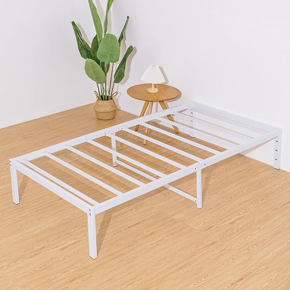 14 Inch Twin Bed Frame with Storage Heavy Duty Tall Metal Platform Bed Frame with Steel Slats No Box Spring Needed Anti Slip White