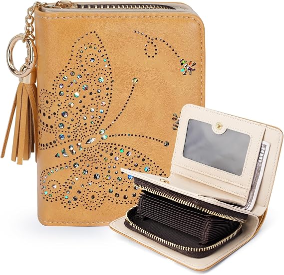 KITEVIUN Women RFID Blocking Small Bifold Wallet, Compact Cash Clutch with Zipper Coin Pocket, Glittery Butterfly Design, Credit Card Holder, Travel Purse with Tassel YELLOW