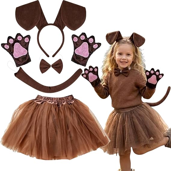 Kirei Sui Kids Animal Costume Dachshund Puppy Dog White Brown Tutu Ear Headband Bowtie Tail Paws