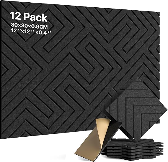 Soundsbay Sound Proofing Panels, Self-Adhesive Acoustic Wall Panels 12 Pack High Density Acoustic Panels for Ceiling, Recording Studios, Home Office, Decorative