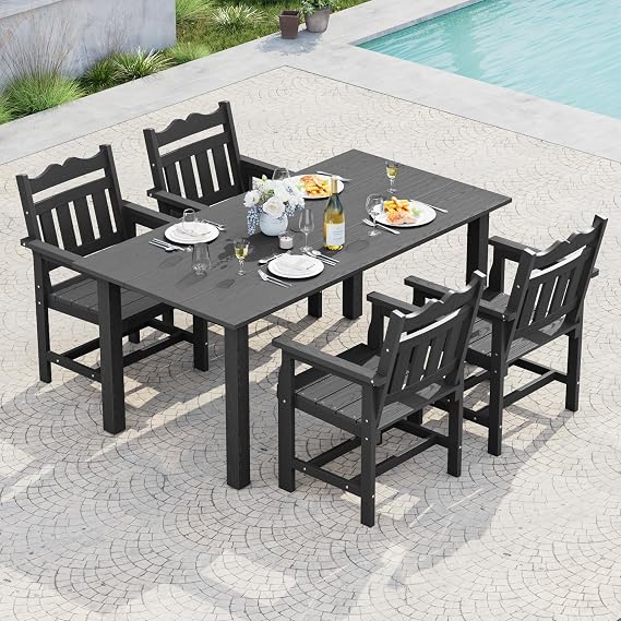 5-Piece Outdoor Dining Set for 4, HIPS Rectangular Patio Table and 4 Chairs with Umbrella Hole, All-Weather Patio Dining Furniture Sets for Garden, Backyard, Lawn and Poolside, Grey
