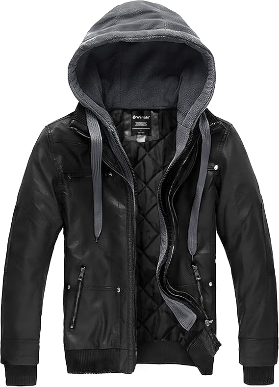 wantdo Mens Leather Jacket with Removable Hood Motorcycle Faux Leather Coat | Warm Winter Casual PU Jackets for Men Zip-Up, Windproof and Waterproof, Bomber Moto Biker Hoodie Coats Outerwear Work