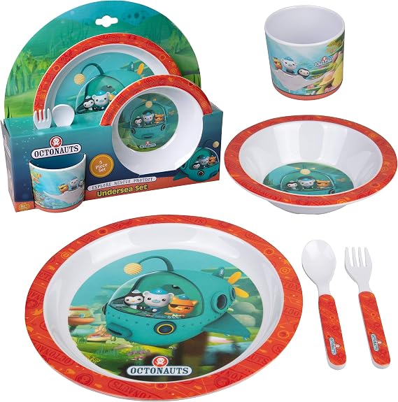 Octonauts 5 Piece Dinnerware Set - Red Undersea -Includes Reusable Raised Edge Plate, Bowl, Cup & Utensils -Durable Break Resistant Melamine, BPA Free, Dishwasher Safe -Gift for Toddlers, Boys & Girls