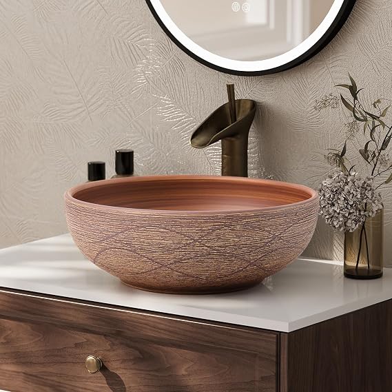 Homary Bathroom Vessel Sink, 15.07" Round Bowl Sink Retro Ceramic Washbasin Above Counter for Bathroom,Without Pop-up Drain, Retro Brown