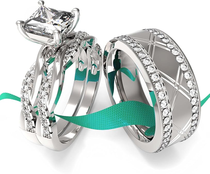 Wedding Ring Sets His And Hers Promise Ring Wedding Ring Sets His And Hers Couples Women 925 Sterling Silver Square Cut Moissanite Man titanium Wedding Band
