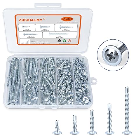 ZUSHALLMY 140 Pcs #8 Self Tapping Screws for Metal, Sheet Metal Screws Assortment Kit, Modified Truss Head Zinc-Plated Steel Screws, Includes 5 Size (1/2in, 3/4in, 1-1/4in, 1in, 2in)