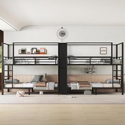 KEIKI Twin Size Quadruple Metal Bunk Bed, Quadruple Metal Bunk Bed with Built-in Storage Shelves & Wardrobe, Sturdy Metal Frame with Noise-Reduced Design, Black