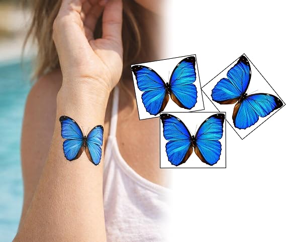 Blue Butterfly Temporary Tattoo (3 Pack) 2 inch Wrist Tattoo Realistic Matte Finish, Waterproof, Delicate Aesthetic Design
